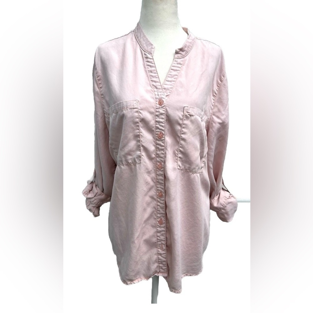 Chico’s Top 2/large Button Up Tunic Blouse Roll Tab Sleeves Pastel Pink V-neck